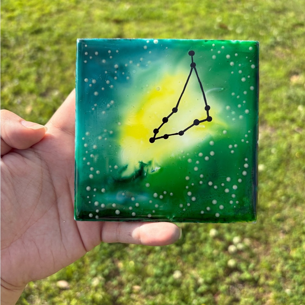 Hand Crafted Green and Yellow Capricorn Constellation Resin Tile